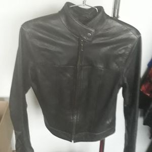 Brown distressed leather short zip jacket